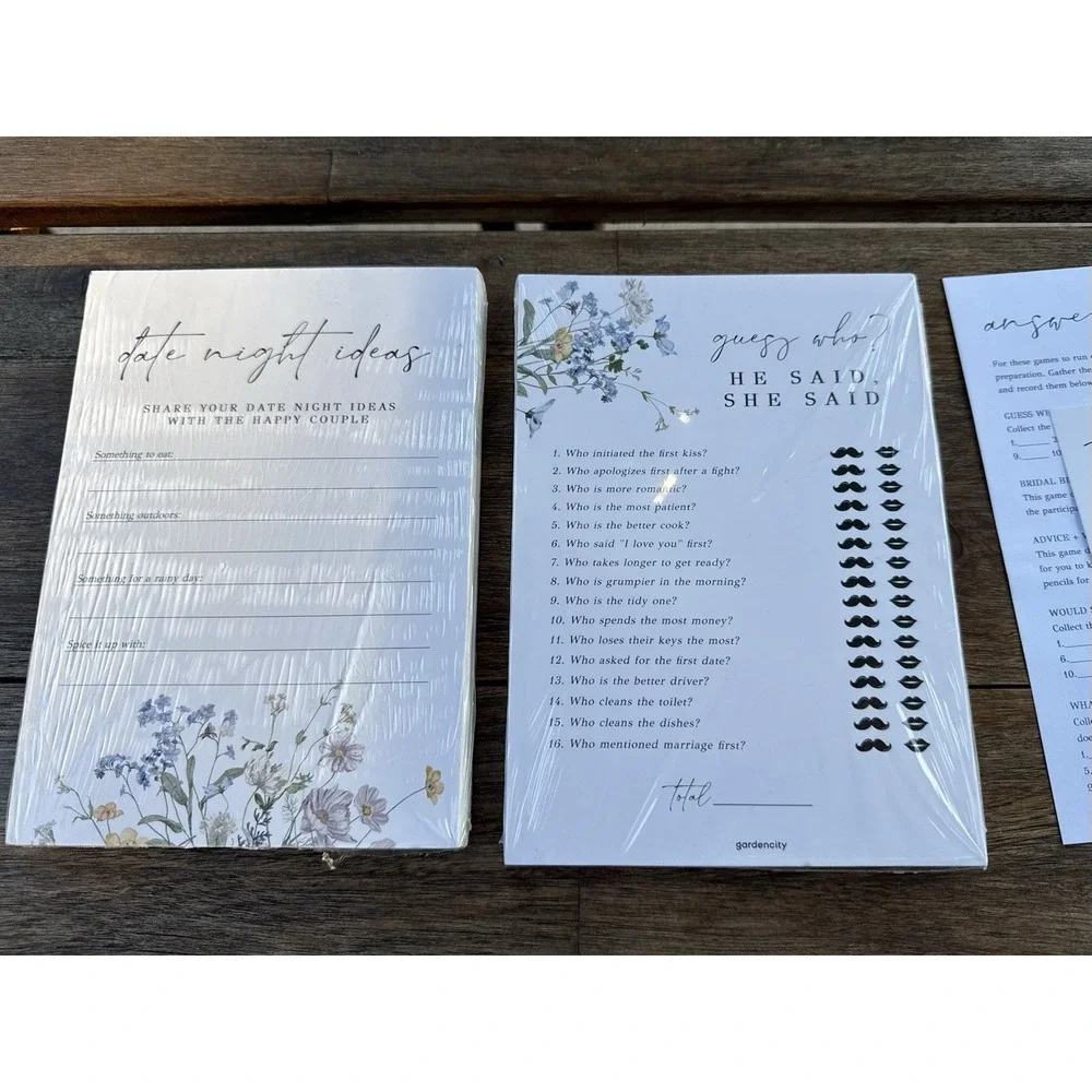 Bridal Shower Games Set Of 4  Double Sided Cards Floral Print